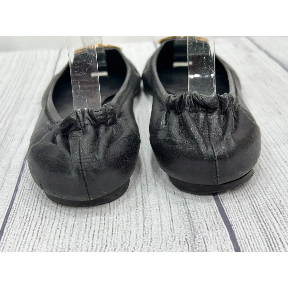 Tory‎ Burch Sz 8? Minnie Flats Black Leather Gold Logo Medallion Ballet Slip On